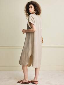 EMERY ROSE Đầm midi tay ngắn kẻ sọc kiểu Pháp cổ điển, thanh lịch và thời trang dành cho nữ, thích hợp cho mùa xuân/hè. - Màu be - Xem 2