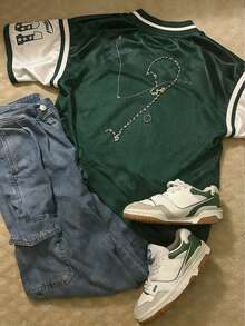 Manfinity Dauomo Men's Casual Loose Fit V-Neck Short Sleeve T-Shirt With Numeric Print - Multicolor - View 2