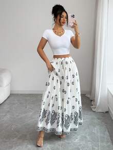 Rafferiza Peplum Hem Paisley Print Layered Ruffle Skirt, Waist Cinched Slimming A-Line Skirt - White - View 5