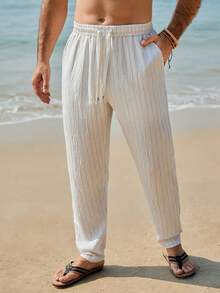 Manfinity RSRT Men's Casual Striped Print Drawstring Waist Pants, Versatile For Vacation, Daily Commute - Beige - View 5