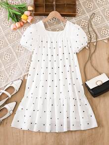 Tween Girls' Sweet Elegant Cute Doll Dress, Polka Dot Woven Round Neck Short Sleeve Bohemian Countryside Dress, Spring/Summer - White - View 2