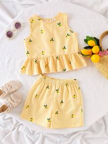 Elladie kids 小女孩黄色格子柠檬印花无袖上衣和短裤套装，甜美可爱，舒适的夏季外出装扮 - 黃色 - 查看 3