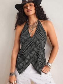 Freevana Plus Size Summer Asymmetric Hem Paisley Print Halter Neck Camisole Bohemian Festival Western Style Street Style Vacation Summer Strappy Top Black Top - Black - View 6