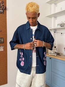 STEELVANCE Men's Casual Floral Embroidered Front Button Dropped Shoulder Loose Denim Jacket, Summer - Blue - View 3