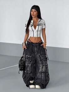 StreetHx Streetwear Women's Summer Letter & Striped Print Fitted Short Sleeve Shirt - White - View 2