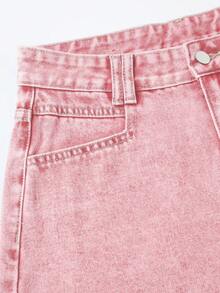 SHEIN Essnce Women's Casual Denim Shorts With Pockets And Frayed Hem, Versatile For Daily Wear - Pink - View 5