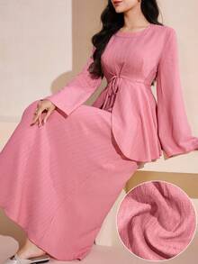 Graceveil Bộ đồ 2 mảnh thanh lịch dành cho nữ: Áo không tay màu trơn thắt eo, vạt áo bất đối xứng và váy xòe. - Hồng - Xem 4
