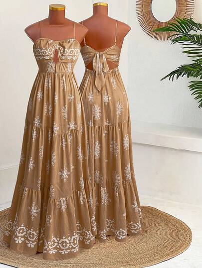 Sweetra 大码女式法式休闲优雅印花吊带裙