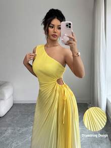 Modelyn Yellow Sleeveless Asymmetric Neck Pleated Ombre Dress For Women - Yellow - View 7