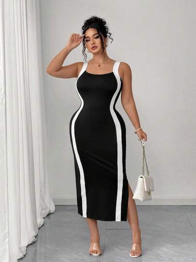 Elenzga Vestido de tirantes corto con diseño en blanco y negro elegante y casual para commuter, conjunto de verano para mujer, vestido ajustado para mujer de talla grande