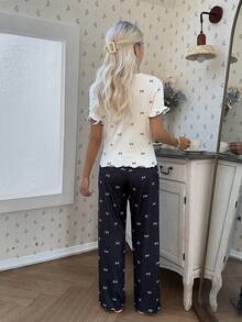 SHEIN 蝴蝶结印花短袖睡衣套装 - 彩色 - 查看 2