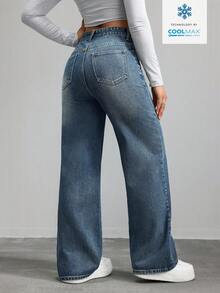 SHEIN ICON 女士口袋纽扣休闲百搭日常穿着阔腿牛仔裤 - 深色水洗藍 - 查看 2
