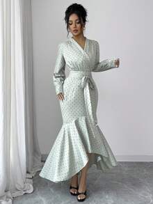 Selianne Damen Polka Punkt Muster Wickel Binde Elegant Langarm Kleid - Grün - Übersicht 4