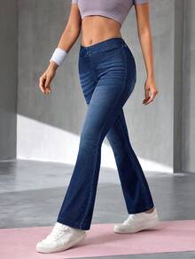 Flexra Jeans acampanados de corte slim con lavado casual para mujer - Azul - Ver 3