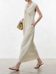 SHEIN Stylify 女士春夏户外连衣裙，优雅时尚，适合新年、情人节、复活节、母亲节、中东婚礼、职场、浪漫假期等场合，亚麻条纹V领抽绳长款连衣裙，无袖，米色/卡其色，带口袋 - 卡其色 - 查看 1