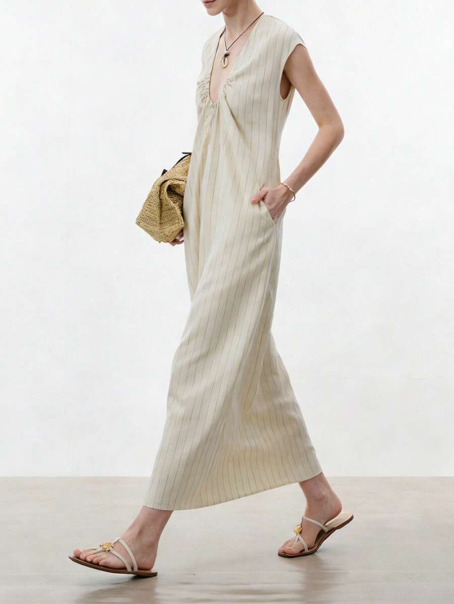 SHEIN Stylify 女士春夏户外连衣裙，优雅时尚，适合新年、情人节、复活节、母亲节、中东婚礼、职场、浪漫假期等场合，亚麻条纹V领抽绳长款连衣裙，无袖，米色/卡其色，带口袋 - 卡其色 - 查看 1