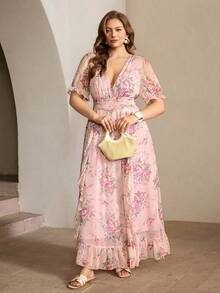 Roveilla 大码印花法式雪纺长款荷叶边连衣裙，春夏款 - 粉色 - 查看 4
