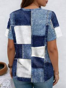 Patchwork Plaid Pattern V-Neck Short Sleeve Casual Plus Size T-Shirt, Spring & Summer - Multicolor - View 2