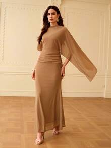 ZEYLAH Women's Elegant Solid Color Asymmetrical Batwing Sleeve Ruched Waist Fishtail Hem Dress - Khaki - View 7