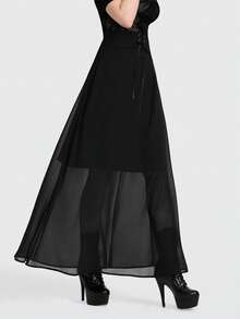 Breakform 女士性感哥特式高腰双层弹力抽绳裙 - 黑色 - 查看 4