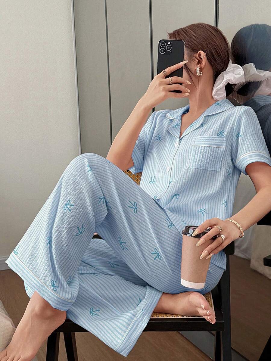 Napfluff Pink Striped Bow Print Lapel Short Sleeve Women Pajama Set - Blue - View 1
