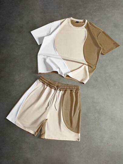 PAVTROS Conjunto de camisetas con logo de marca de hombre con bloques de color y parches, en tonos terrosos, adecuado para festivales de música al aire libre, salidas casuales, regalos para novio/esposo, aniversario