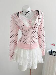 Elamini Women's Pink Polka Dot Print Spliced With Black Lace Trim Zip-Up Hoodie, Spring/Summer , Vacation, Sweet & Cute, Elegant Casual, Back To School/Graduation, Versatile For Street, Home, Daily Wear - Pink - View 3