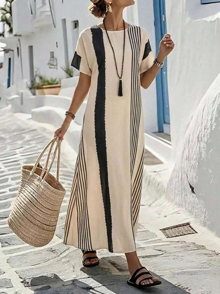 SHEIN Holidaya Women's Casual Comfortable Vacation Linen Textured Striped Floral Print Short Sleeve Maxi Loose Dress, Spring/Summer - Multicolor - View 1