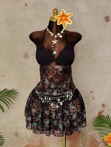 Sunspun Vacation Bohemian Summer Hot Selling Camisole And Mini Skirt 2 Pieces Set - Brown - View 1