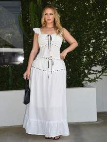 Roveilla French Style Cap Sleeve Camisole & Embroidered Skirt Set, Casual Retro Vacation Picnic Outfit For Women - White - View 4