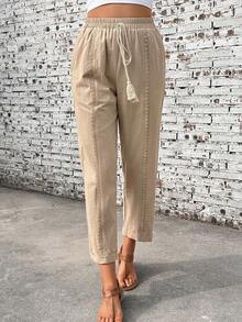 SHEIN Holidaya 女士休闲舒适通勤户外亚麻花卉饰边杏色长裤，春夏款 - 卡其色 - 查看 1