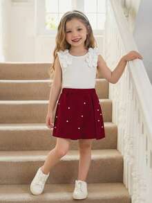 Conjunto de chaleco elegante con flores 3D de perlas y pantalones con falda de perlas lindas para niñas pequeñas - Rojo - Ver 1