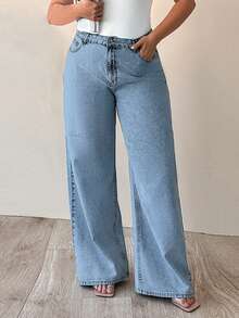 SHEIN Cottnline 100% Cotton High Waist Wide Leg Plus Size Jeans - Baby Blue - View 7