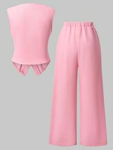 少女两件套，优雅吊带上衣搭配阔腿裤，通勤装，春秋季 - 粉色 - 查看 2