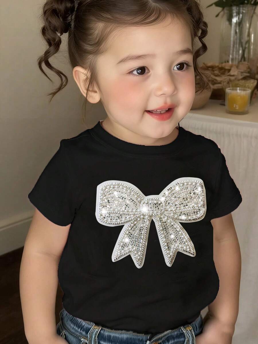 Elladie kids 春夏女童休闲时尚创意个性清新可爱简约亮白蝴蝶结装饰图案印花休闲基础款短款T恤,舒适日常穿着 - 黑色 - 查看 1