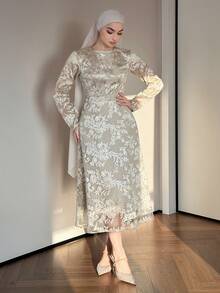 DAZY 女士优雅蕾丝全印花圆领中长连衣裙，春夏款 - 杏色 - 查看 6