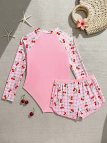 SHEIN Set Baju Renang Anak Perempuan Remaja Warna Pink yang Lucu, Baju Renang Lengan Panjang dengan Celana Renang yang Serasi, Motif Kotak-kotak Cherry 2 Potong untuk Liburan Musim Panas, Pantai, Berenang - Berwarna merah muda - View 3