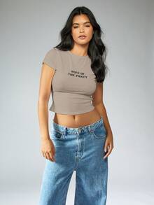 MISSGUIDED Bridal Wife Of The Party Cotton Slogan Short Sleeve Fitted Crop Top Crew Neck Tee - Grey - View 8