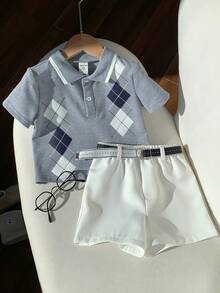 SHEIN 2件套男婴夏季休闲可爱灰色短袖polo衫和松紧腰短裤套装，配有腰带，适合生日派对、锐舞派对、晚宴、演出、婚礼、迎婴派对和一周岁生日庆祝活动。 - 彩色 - 查看 10