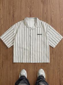 SWAVVY Men's Striped Print Short Sleeve Shirt, Spring/Summer - Apricot - View 2