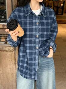 DAZY Women's Turndown Collar Loose Plaid Long Sleeve Casual Washed Checkered Denim Blouse - Medium Wash - View 7