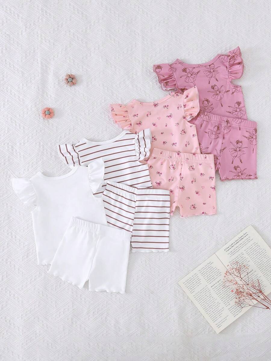 SHEIN Playful Pals 8件套女婴0-3岁春夏休闲日常户外可爱趣味芭蕾女童无袖T恤和短裤8件套服装套装 - 粉色 - 查看 1