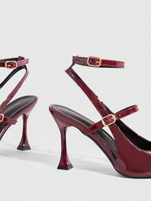 CUCCOO SZL Ladies Pointed Sexy Glossy High Heel Women's Shoes Thin Heel Commuter Avant-Garde Party Burgundy Strap Buckle Spring Shoes - Burgundy - View 5