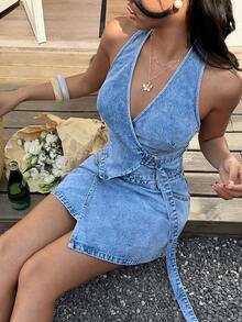 Sunnyshic 女士休闲度假露背上衣和牛仔裙套装 - 藍色 - 查看 6