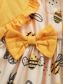 SHEIN 1pc Newborn Baby Girls Butter Yellow Bee Print 2 In 1 Dress,Cute Summer Short Sleeve Puff Sleeve Ruffle Hem Bow Decor Dress For Birthday Photo Shoots - Yellow - View 6