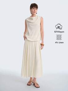 Aalyst Women's Linen Draped Neck Top And Skirt Casual 2 Pieces Set - Beige - View 1