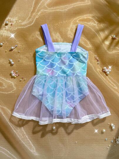 Souflis Souflis Traje de baño de una pieza con estampado de escamas de pez y parches de malla, lindo para bebé niña