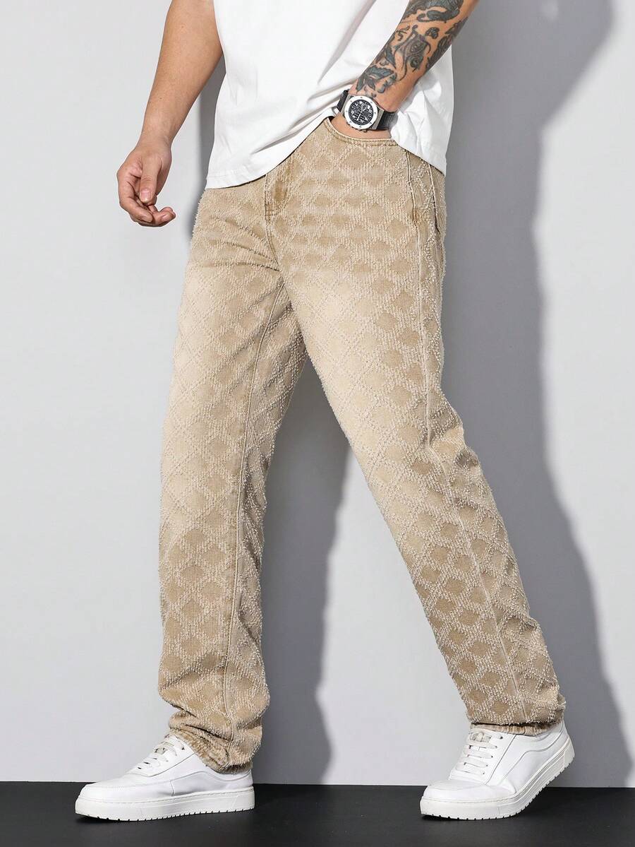 Manfinity Homme Men's Khaki Diamond Crochet Denim Jeans, Casual Straight Leg Pants - Khaki - View 1