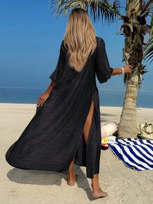 Swim Vcay 女士V领纯色镂空钩编莲花图案拼接度假沙滩连衣裙，优雅奢华性感中长款连衣裙 - 黑色 - 查看 2