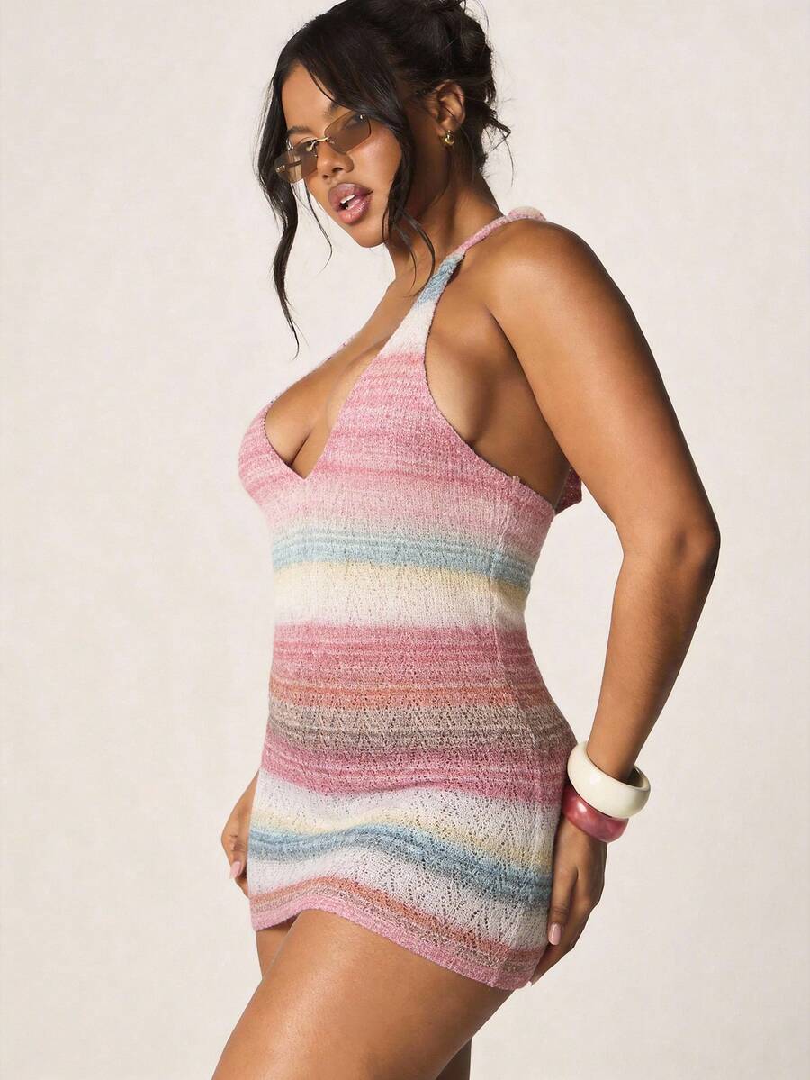 MISSGUIDED Halter Neck Striped Mini Dress Sleeveless Bodycon Summer Beach Vacation Casual Knit Stretch Fitted Short Dress For Day Party - Multicolor - View 1